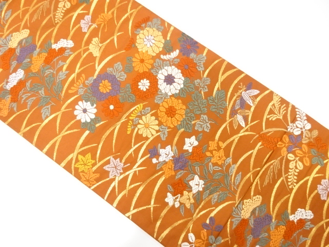 唐織　芝草に花模様織り出し袋帯